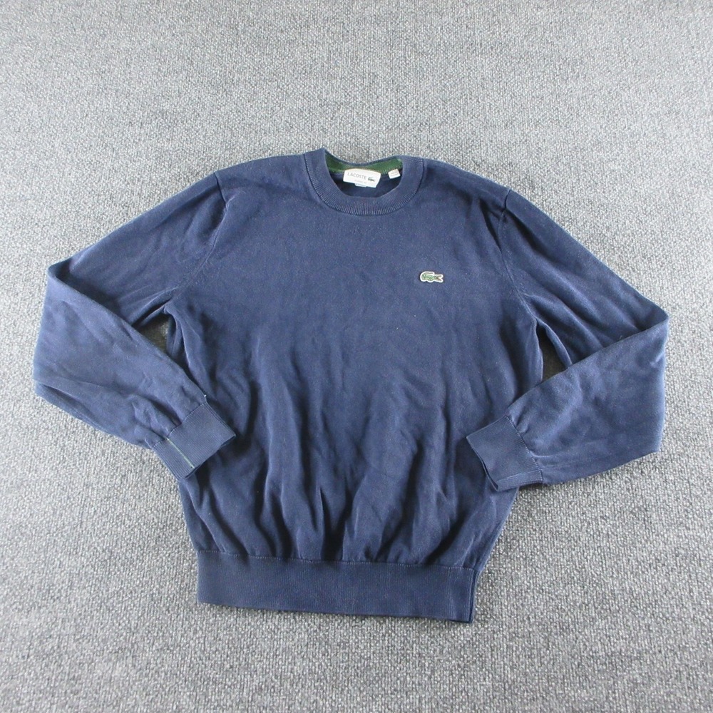 Lacoste Sweater Mens M Blue Cotton Knit Classic Fit Crew Neck Pullover Logo